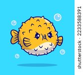 Cute Puffer Fish Angry Cartoon Vector Icon Illustration. Animal Nature Icon Concept Isolated Premium Vector. Flat Cartoon Style