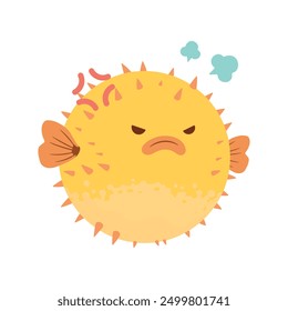 Peces lindos del globo, ilustración enojada del icono del Vector de la historieta aislada en blanco. Fugu amarillo. Estilo plano.