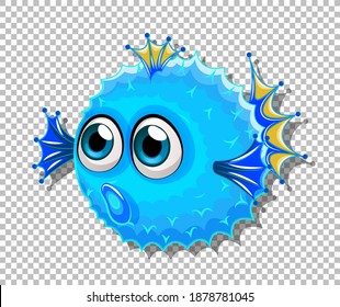 Cute puffer fish with big eyes cartoon character on transparent background illustration