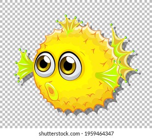 Cute puffer fish with big eyes cartoon character on transparent background illustration