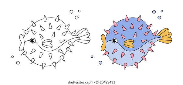 Cute puffer fish cartoon coloring page illustration vector. For kids coloring book. Monochrome and color version. Vector stock childrens illustration