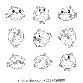 Cute puffer fish character. Coloring Page. Kawaii aquatic poisonous animal different poses and emotions, love, joy, sadness, anger. Vector drawing. Collection of design elements.