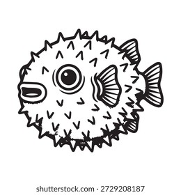 Cute Puffer Fish Line Ilustração de arte - Spiky Blowfish Vetor Drawing.