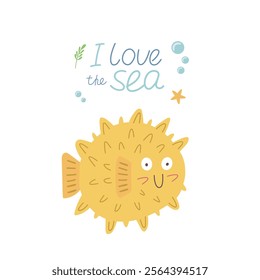 Cute pufferfish or globefish with thorns in hand-drawn style. Vector character in flat style. Childish colored flat cartoon vector illustration of funny fugu isolated