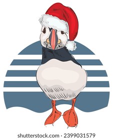 Cute puffin bird on an arctic background wearing a Santa Claus hat. Vector image suitable for poster, card, sale, bag, clothing, sticker.