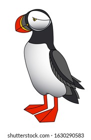 cute puffin with red beak & paws, seabird for logo, pattern or emblem, color vector illustration with black contour lines isolated on white background in cartoon & hand drawn style