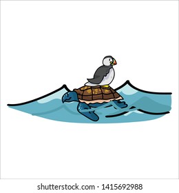 Cute puffin riding turtle cartoon vector illustration motif set. Hand drawn isolated seaside wildlife elements clipart for nautical blog, shell graphic, ocean web buttons.