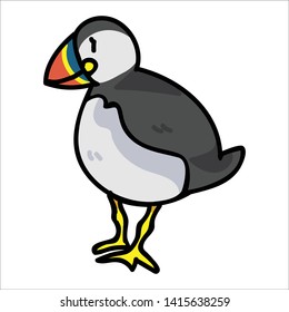 Cute puffin standing cartoon vector illustration motif set. Hand drawn isolated seaside wildlife elements clipart for nautical birdwatching blog, bird graphic, feather web buttons.