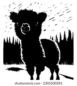 Cute puffy baby alpaca or llama on meadow in front of forest. Black and white vector silhouette illustration. Cartoon style. Svg art. svg