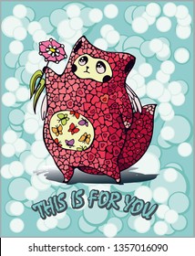 
Cute puffy cat and butterflies in her stomach gives flower  This is for you 