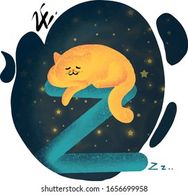 Cute and puffy cat sleeping on Z letter with happiness.