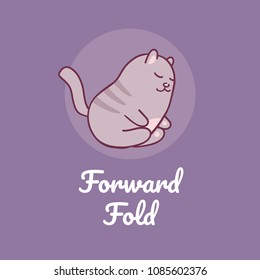 Cute puffy cat in yoga asana "Forward Fold" (Uttanasana). Hand drawing of kitten in yoga posture. Vector illustration for print, banner or poster on purple background. Ad for yoga club