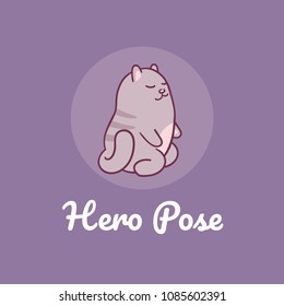 Cute puffy cat in yoga asana "Hero pose" (Virasana). Hand drawing of kitten in yoga posture. Vector illustration for print, banner or poster on purple background. Ad for yoga club