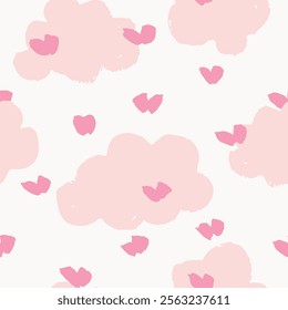 Cute puffy clouds and hearts made with brush strokes in blush pink and pastel pink on off white background. Simple and minimal seamless vector love pattern. Great for homedecor,fabric,wallpaper,gifts.