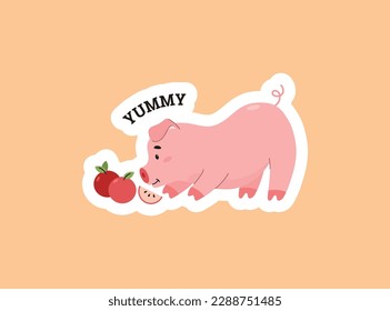 Cute pug with apples sticker flat style, vector illustration isolated on peach background. Yummy food, smiling farm character, decorative design element