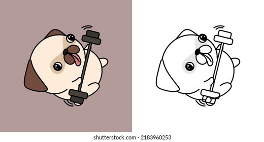 Cute Pug Athlete Clipart for Coloring Page and Illustration.  Happy Clip Art Pug Dog Athlete. Vector Illustration of a Kawaii Sportsman Dog for Stickers, Prints for Clothes, Coloring Pages.
