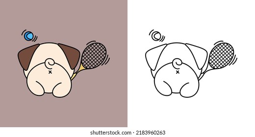 Cute Pug Athlete Clipart Illustration and Black and White.  Funny Clip Art Pug Dog Athlete. Vector Illustration of a Kawaii Sportsman Dog for Coloring Pages, Stickers, Prints for Clothes.
