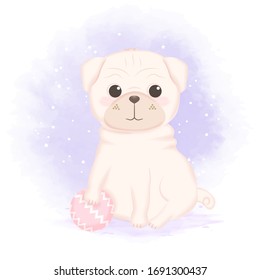 Cute Pug and ball, hand drawn dog cartoon illustration