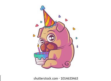 Cute pug with a birthday cake. Vector Illustration. Isolated on white background.