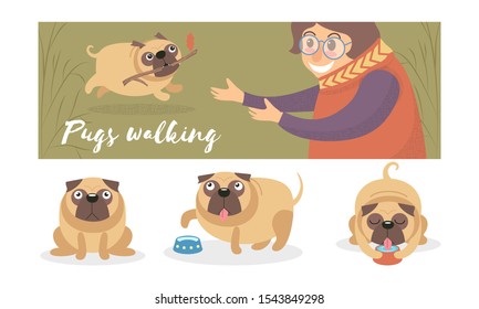 Cute pug carries a stick to a woman. Vector illustration.