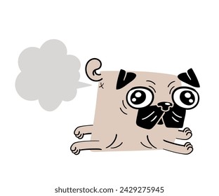 Cute pug cartoon with farting cloud. Vector illustration isolated on white background.