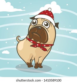 Cute Pug Cartoon with Red Hat. Character Illustration for Christmas and Happy New Year. 