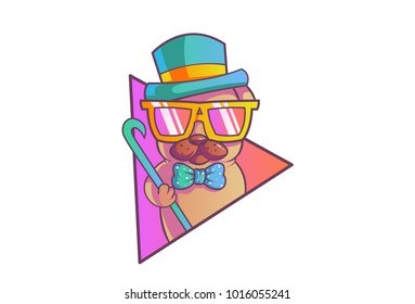 Cute Pug Character Wearing hat and Sunglasses holding a stick in Hand. vector Illustration. Isolated on white background.