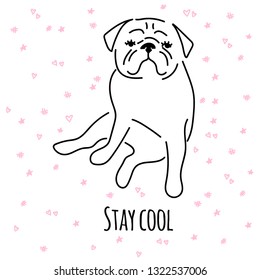 Cute pug. Children's illustration. Little puppy. Funny baby animal. Can be used for t-shirt print, kids wear fashion design, baby shower invitation card. Stay cool