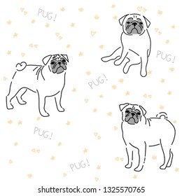 Cute pug. Children's illustration. Little puppy. Funny baby animal. Can be used for t-shirt print, kids wear fashion design, baby shower invitation card.