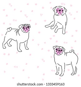 Cute pug. Children's illustration. Little puppy. Funny baby animal. Dogs with hearts. Can be used for t-shirt print, kids wear fashion design, baby shower invitation card.