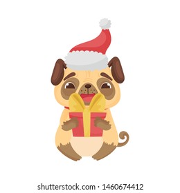 Cute pug in a Christmas hat. Vector illustration on white background.