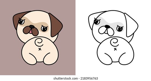 Cute Pug Clipart for Coloring Page and Illustration.  Happy Clip Art Pug Dog. Vector Illustration of a Kawaii Dog for Stickers, Prints for Clothes, Baby Shower, Coloring Pages.
