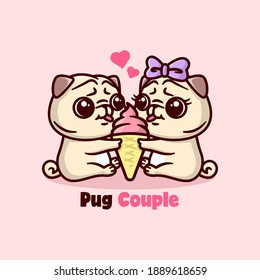 CUTE PUG COUPLE SHARING AN ICE CREAM AND FEELING SO LOVELY. VALENTINE DAY ILLUSTRATION