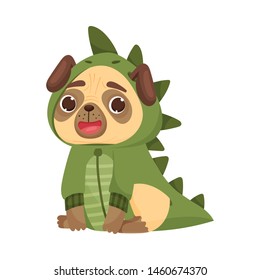 Cute pug in a dinosaur costume. Vector illustration on white background.