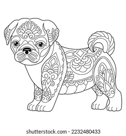 Cute pug dog. Adult coloring book page in mandala style