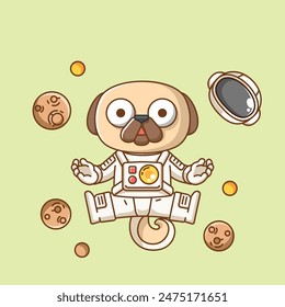 Cute pug dog astronaut animal kawaii chibi character mascot illustration outline style design set