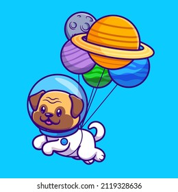 Cute Pug Dog Astronaut Floating With Planet Balloon Cartoon Vector Icon Illustration. Animal Science Icon Concept Isolated Premium Vector. Flat Cartoon Style