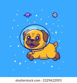 Cute Pug Dog Astronaut Floating in Space Cartoon Vector Icon Illustration. Animal Science Icon Concept Isolated Premium Vector. Flat Cartoon Style