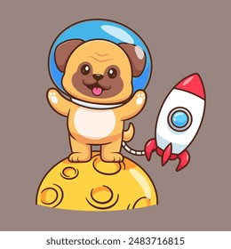 Cute Pug Dog Astronaut Flying With Rocket Cartoon Vector Icon Illustration. Animal Science Icon Concept Isolated Premium Vector. Flat Cartoon Style