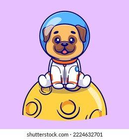 Cute Pug Dog Astronaut Sitting On Moon Cartoon Vector Icon Illustration. Animal Science Icon Concept Isolated Premium Vector. Flat Cartoon Style