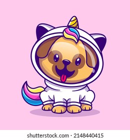 Cute Pug Dog Astronaut Wearing Unicorn Costume Cartoon Vector Icon Illustration. Animal Technology Icon Concept Isolated Premium Vector. Flat Cartoon Style