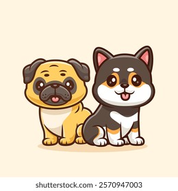 Cute Pug Dog And Australian Shepherd Dog Sitting Together 
Cartoon Vector Icon Illustration. Animal Nature Icon Concept 
Isolated Premium Vector. Flat Cartoon Style