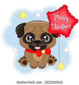 Cute pug dog with a balloon Christmas vector illustration