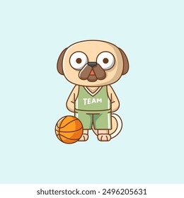 Cute pug dog basketball player play basket kawaii chibi character mascot illustration outline style design set