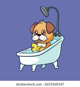 Cão pug bonito banho chuveiro na banheira Desenho animado da ilustração