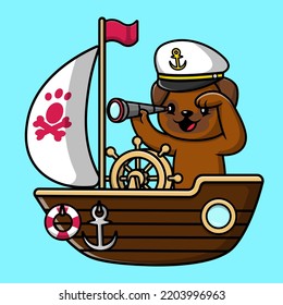 Cute Pug Dog Binocular On Boat Cartoon Cartoon Vector Icon Illustration. Flat Cartoon Concept.