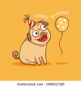 cute pug dog with birthday balloon. happy birthday greeting card