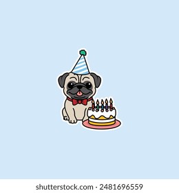 Cute pug dog with birthday cake cartoon, vector illustration