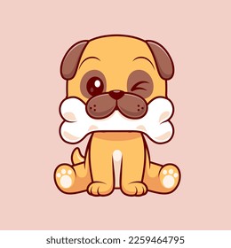 Cute Pug Dog Bite Bone Cartoon Vector Icon Illustration. Animal Nature Icon Concept Isolated Premium Vector. Flat Cartoon Style