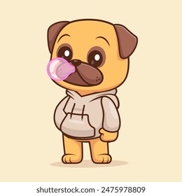 Cute Pug Dog Blowing Gum With Hoodie Cartoon Vector Icon Illustration. Animal Fashion Icon Concept Isolated Premium Vector. Flat Cartoon Style